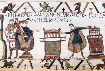 Harold zweert een heilige eed aan Willem in Bayeux, Tapijt van Bayeux